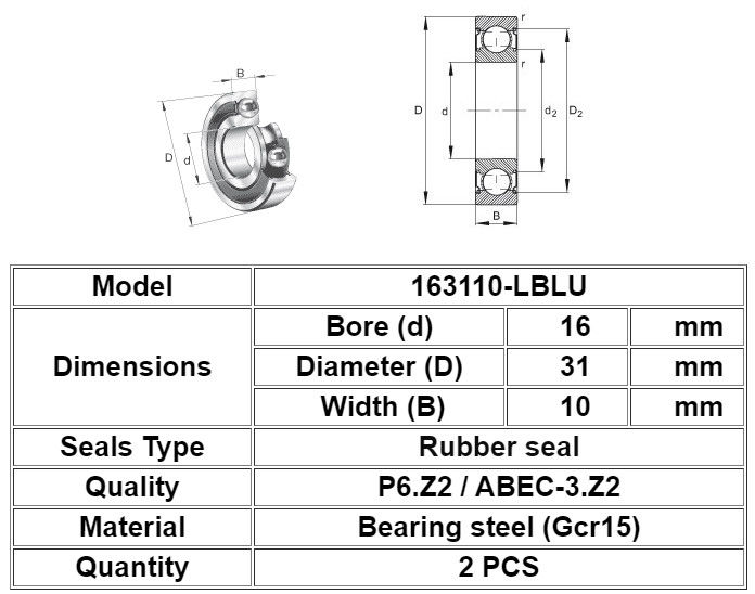 163110-2RS, das tiefe Nut-Ball-Fahrrad-Größe 16mm x 31mm x 10mm trägt